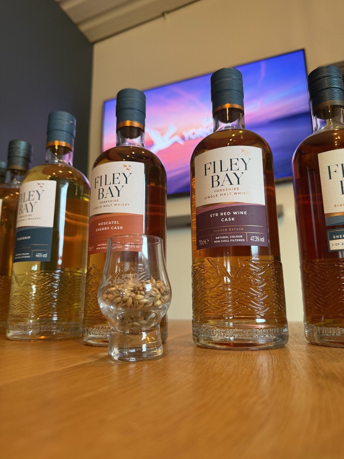 Bottles of Filey Bay single malt from the Spirit of Yorkshire distillery at Hunmanby