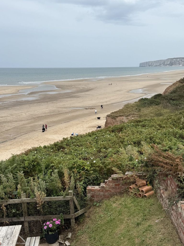 Hunmanby Gap beach and the sweep of Filey Bay seen from the clifftop above The Bay, Filey