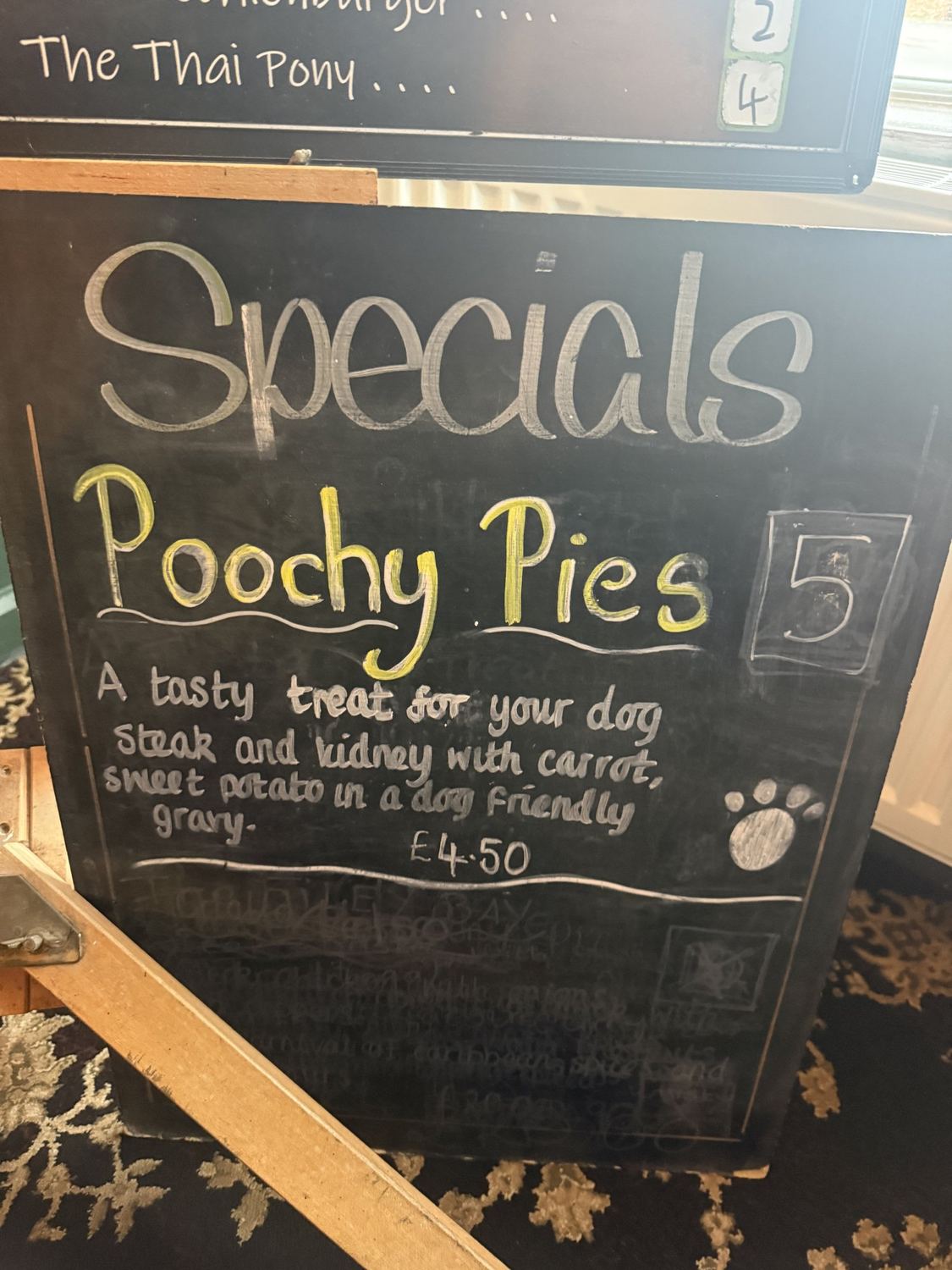 The Poochy Pies board at the Piebald Inn in Hunmanby offering a steak and kidney pie made for dogs